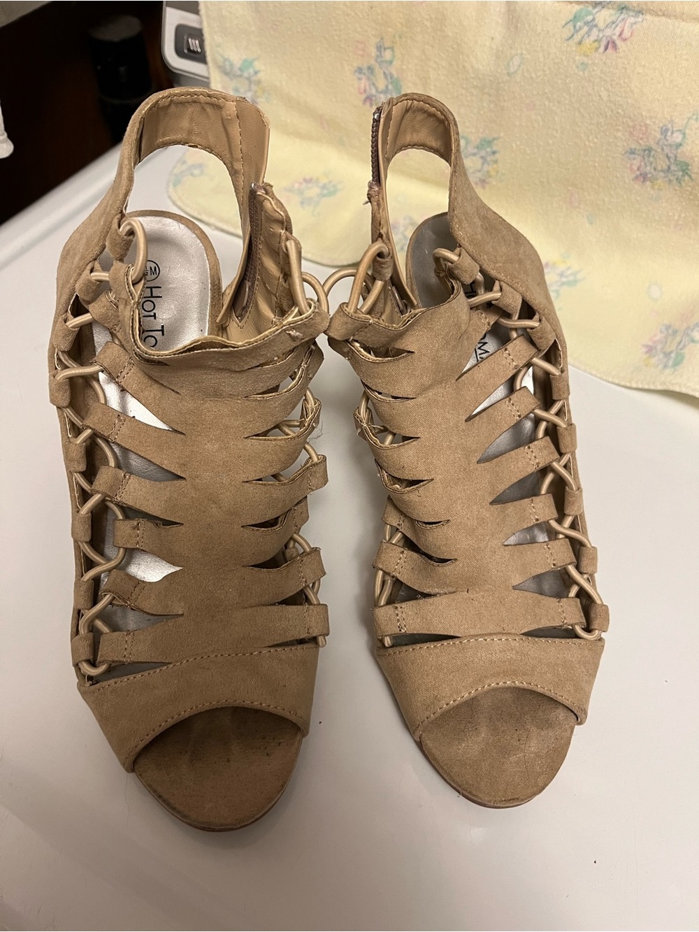 Hot Tomato Beige Strappy Suede Open-Toe Heels